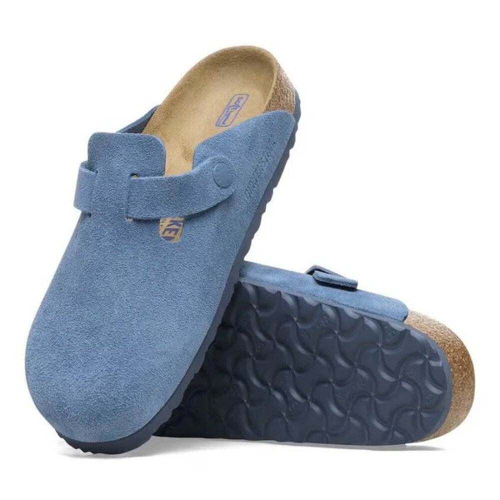 Birkenstock Boston Soft Footbed Unisex Suede Leather Clog Sandal Elemental Blue - Picture 2 of 6